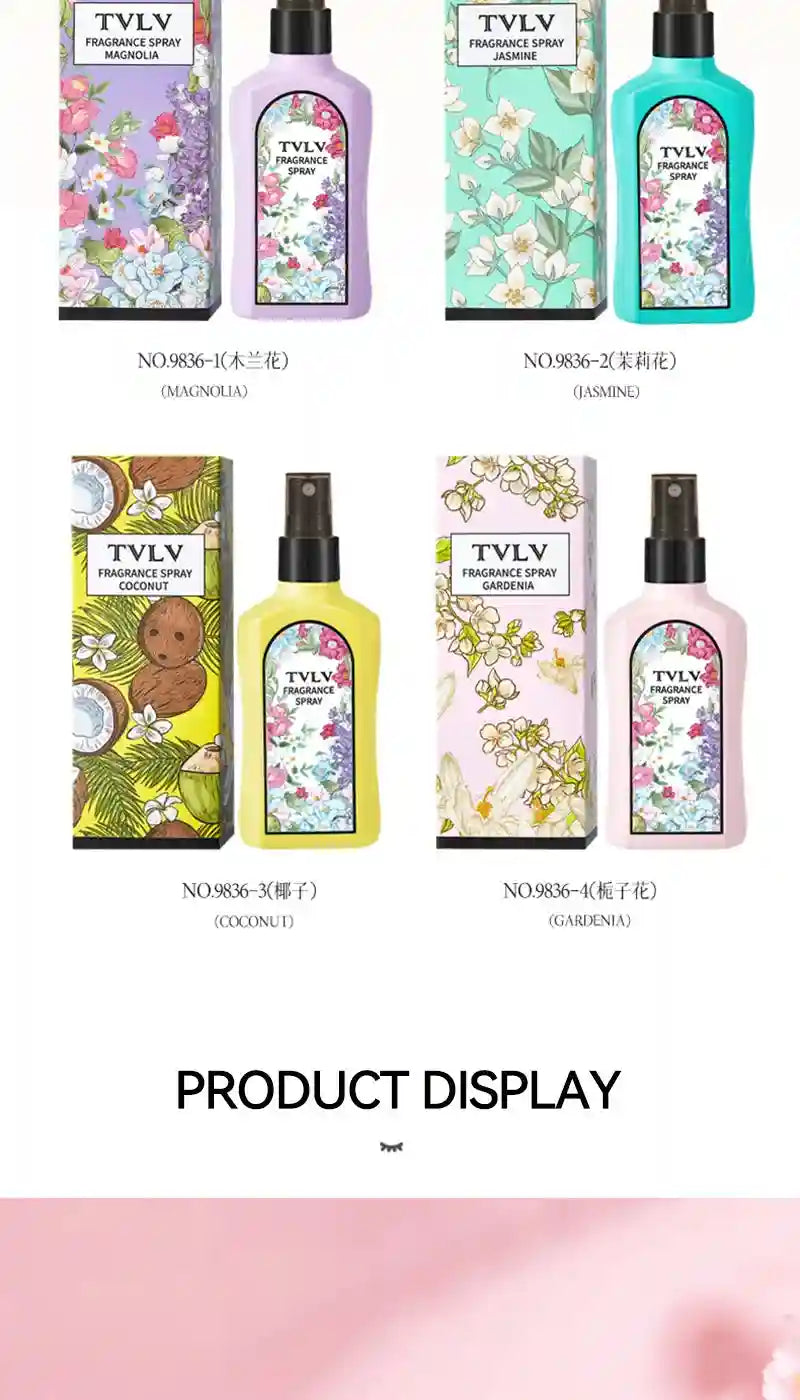 TVLV Jasmine Fragrance Spray for women: long-lasting floral scent in a colorful square bottle for clothes and odor.