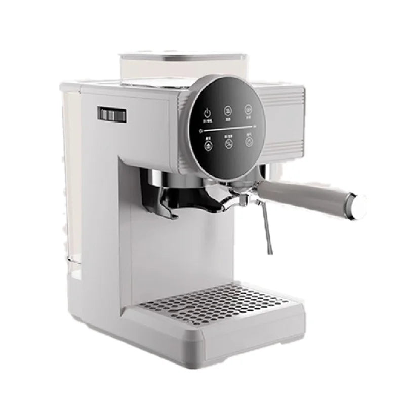Modern white espresso machine with sleek digital touch interface, portafilter, and drip tray on a white background.