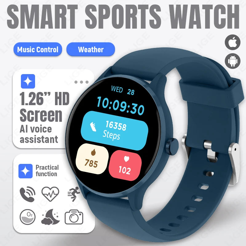 LIGE 1.26-inch HD smart watch with round display on blue silicone strap