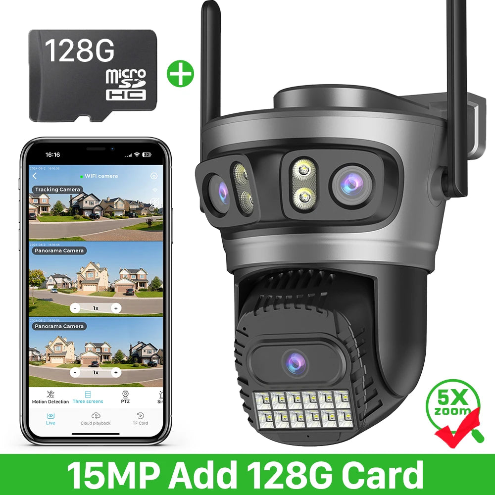 Outdoor PTZ Wi‑Fi security camera, dark gray, with 128GB microSD card