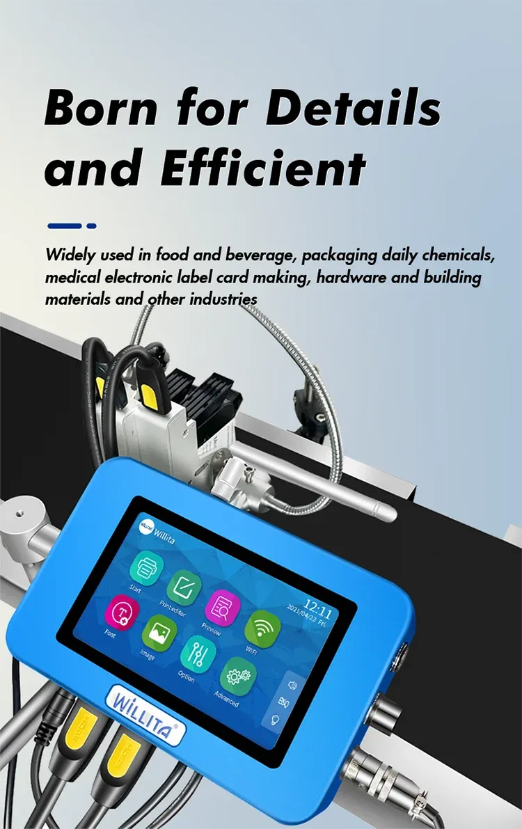 Close-up of online inkjet printer touchscreen controller with connected nozzles