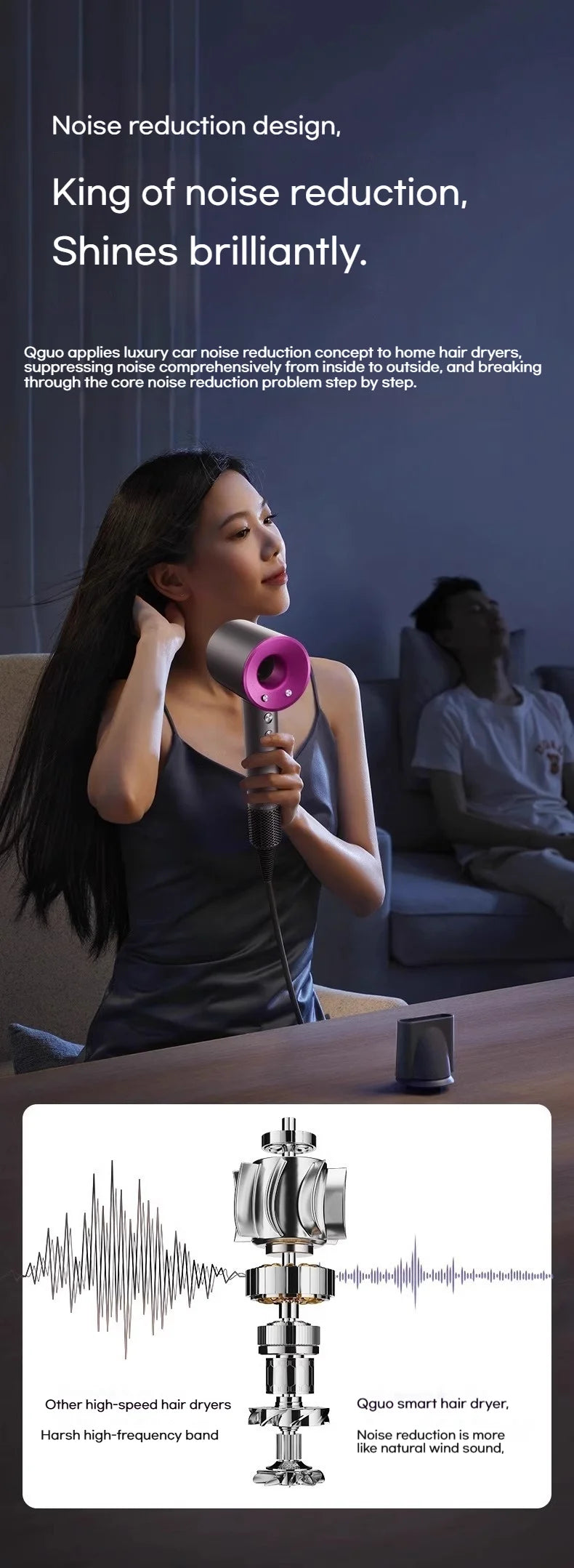 Quiet high-speed hair dryer in grey and fuchsia with magnetic nozzle, ion technology, and noise reduction design.