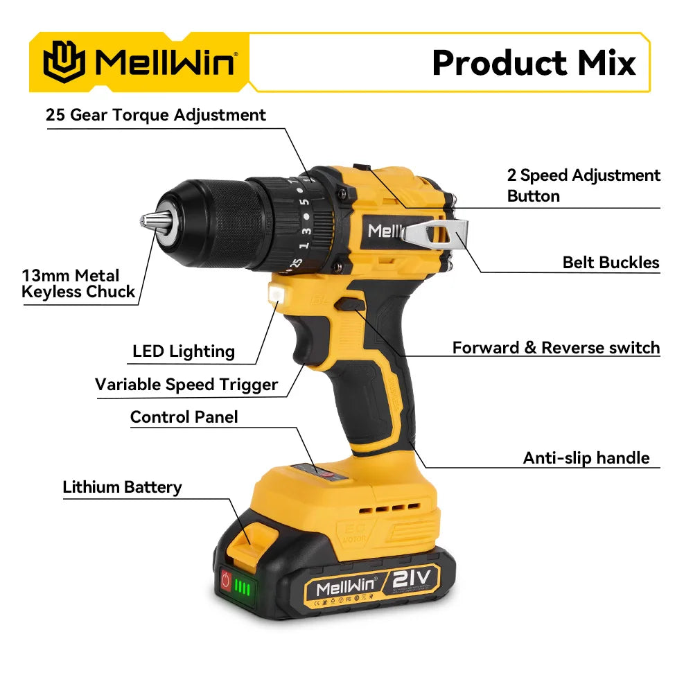 MELLWIN 13MM Brushless Electric Impact Drill 25+3 Torque Handheld Flat Drill Screwdriver Power Tools For Makita 18V Battery Pin
