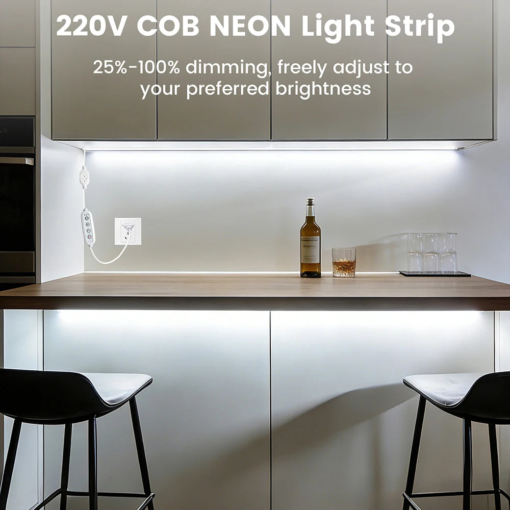 Dimmable 220V COB LED Neon Strip Light 4key Controller EU Plug Flex Tube 3000K 4000K 6000K for Staircase Bar Counter Lighting