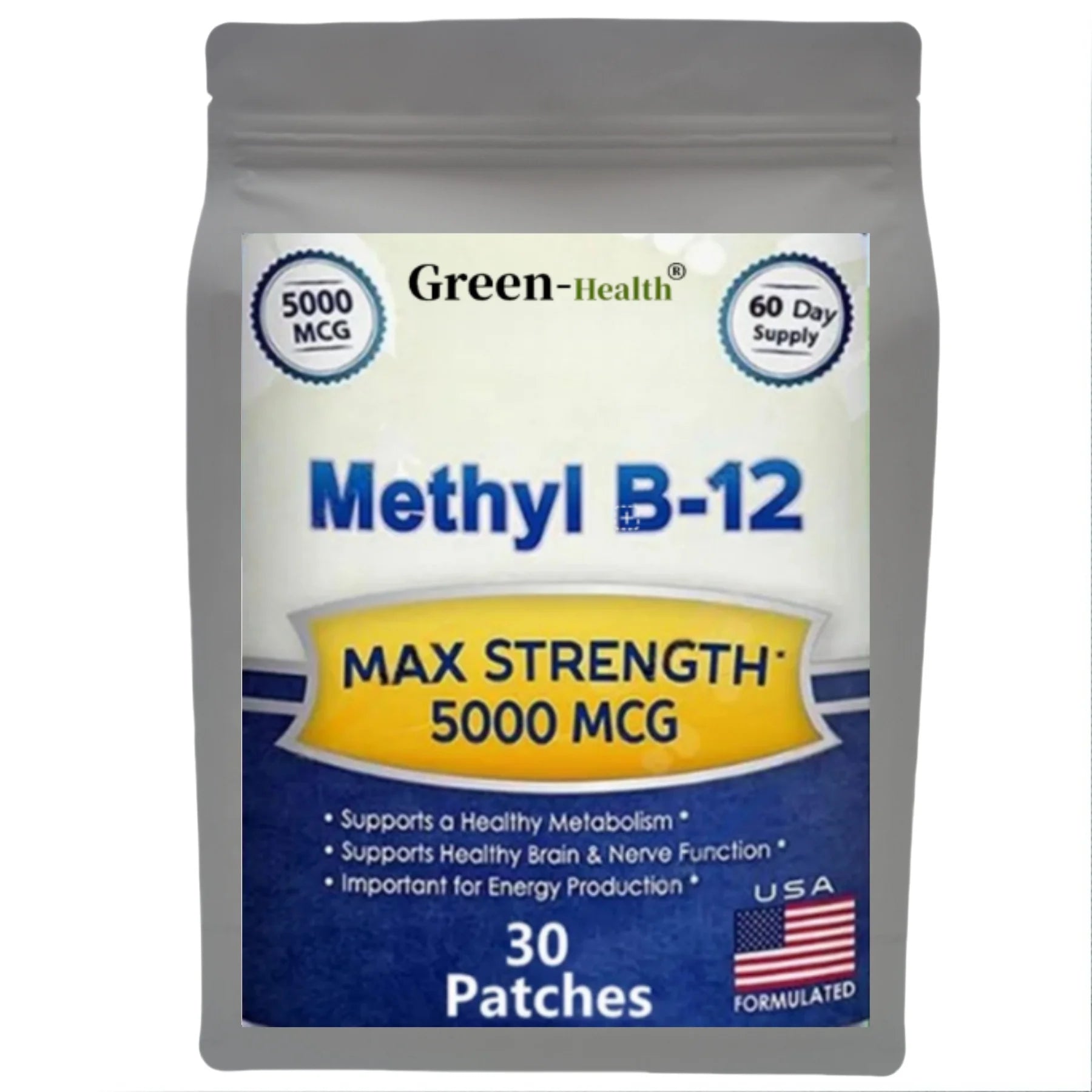 A5YE  Vitamin B12 5000 MCG Patches - Brain Heart Support, Memory Learning Boost, Natural Energy Enhancer - 30 Patches