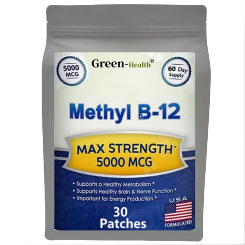 Vitamin B12 transdermal patch pouch, Green-Health Methyl B-12 5000 mcg, 30 patches.