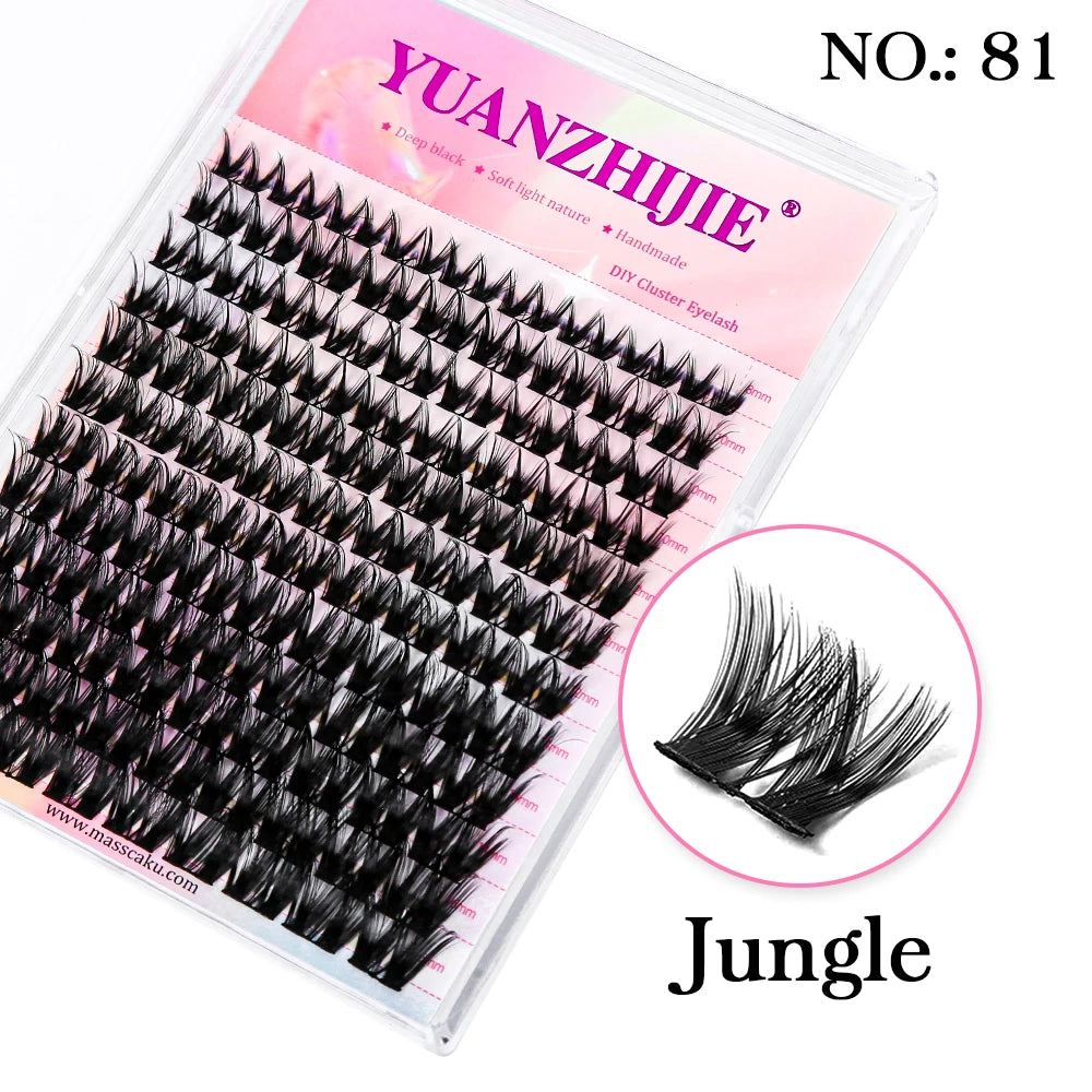 Tray of 144 black segmented mink cluster lashes with a pink background, featuring a close-up circle of the lashes.