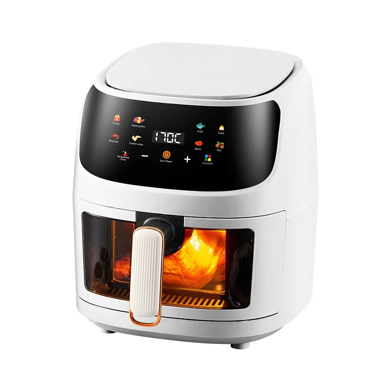 White air fryer with digital touchscreen, handle, and front window showing cooking heat