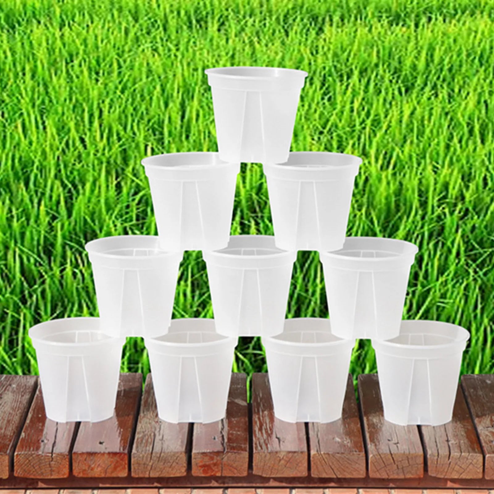 Stacked white round planters for outdoor planting