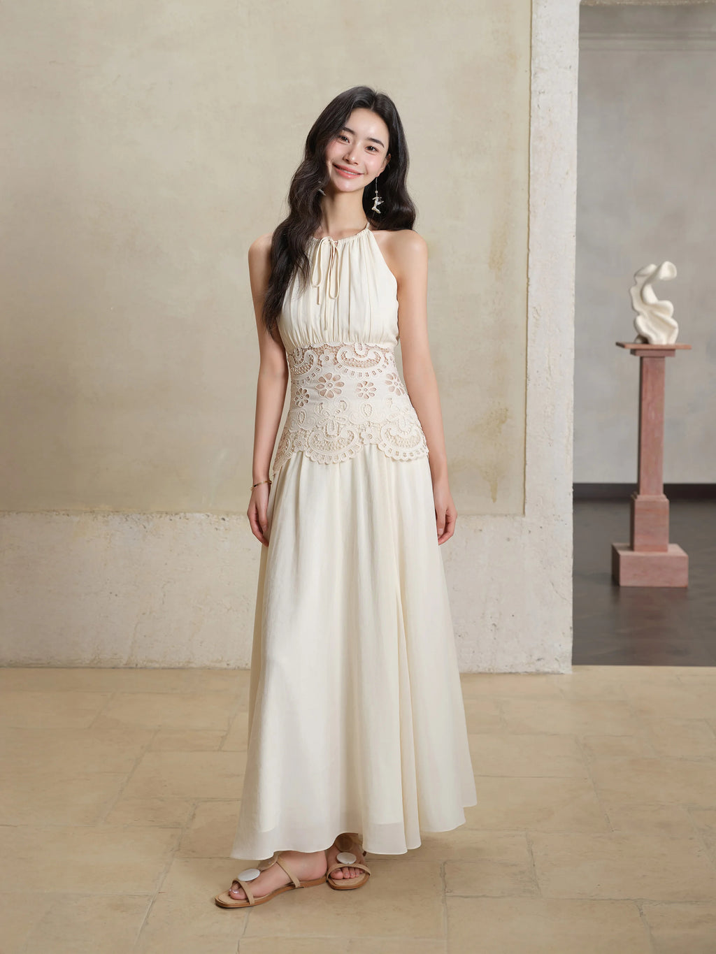 Lace Halter Maxi Dress Women Summer A-Line Slim Fit French Style Elegant Long Dress Hollow Out Sleeveless Fake Two-Piece Outfit