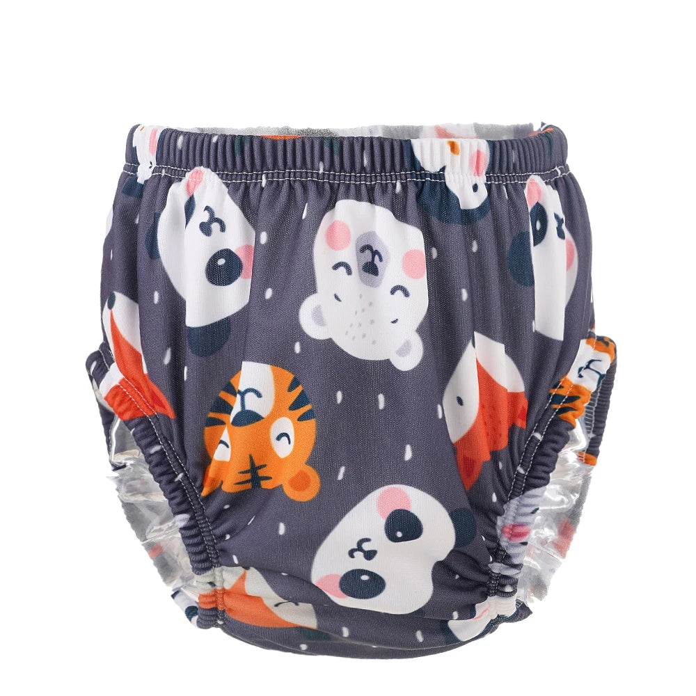 Reusable baby swim diaper in charcoal with cute panda, bear, and tiger animal print design.