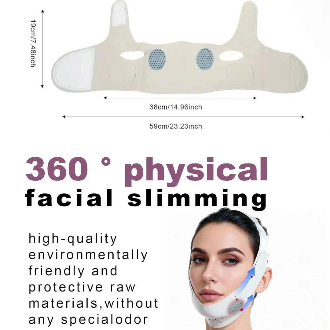 Beige, V-line lifting facial support band with Velcro straps, shown flat with dimensions and on a person's chin.