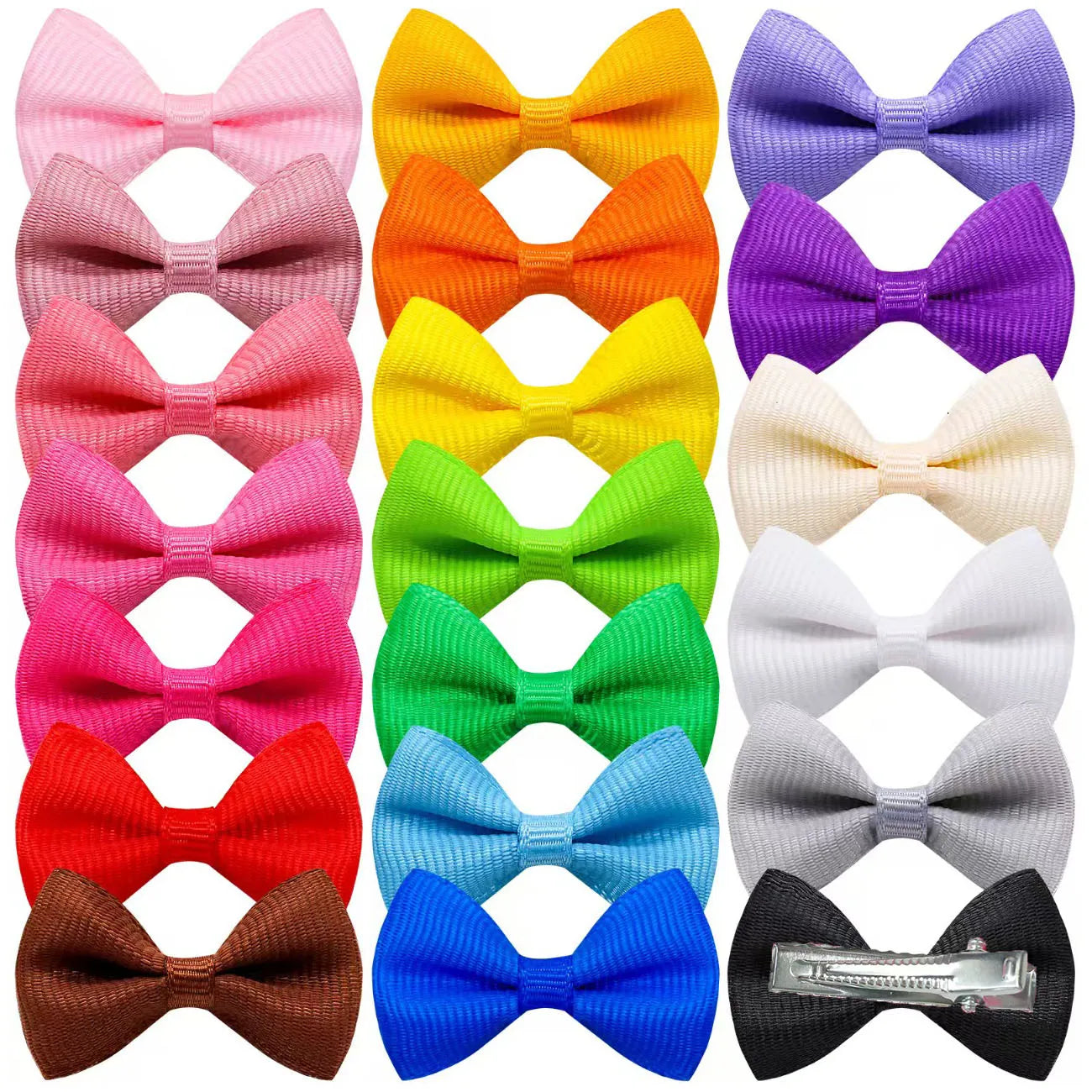Colorful bow hair clips for small dogs and cats. Durable ribbon grooming barrettes for cute pet styling.