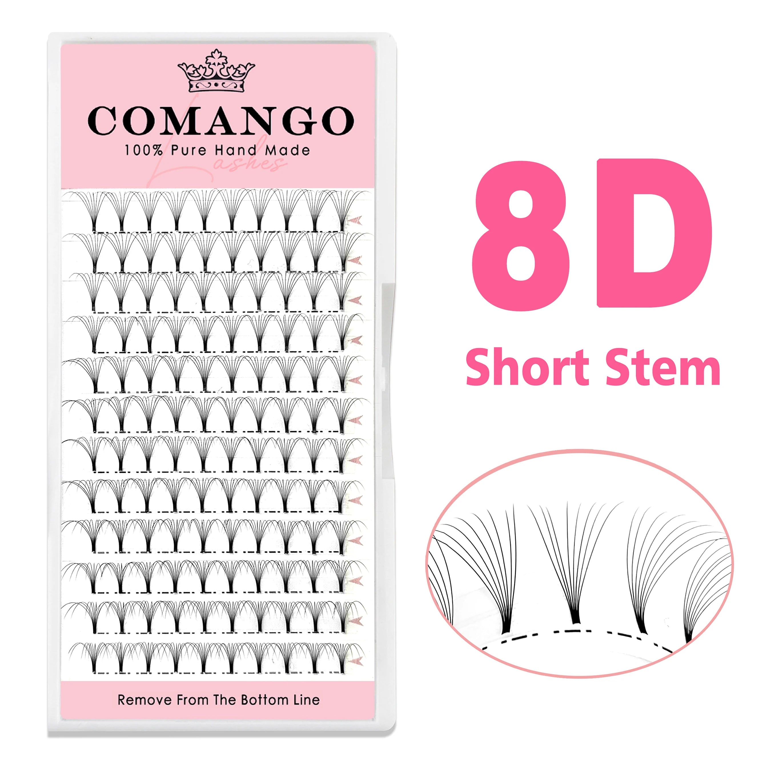 Tray of 8D short stem Russian volume lash fans with pink branding and a detailed close-up view of the lash clusters.