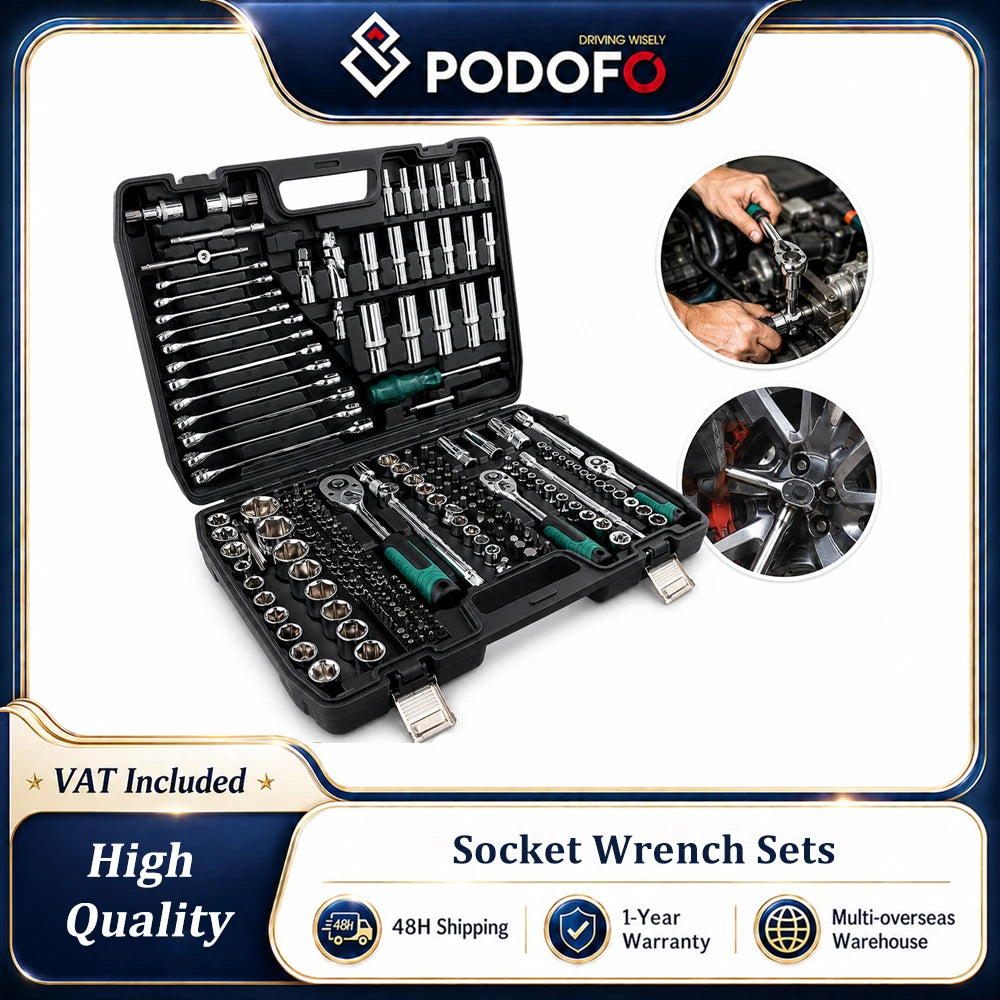 Podofo 216Pcs Advanced Auto Repair Mechanic Tools Socket Wrench Sets 1/4" 3/8" 1/2" Socket Wrench Sets with 24-Tooth Ratchet Wrench Ergonomic Ratchet Wrench Mechanic Tool Set For Automotive Motorcycle Repair & Home, Garage Ma