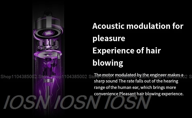 Professional leafless hair dryer with silent motor technology, purple LED glow, and powerful ionic quick-dry airflow.