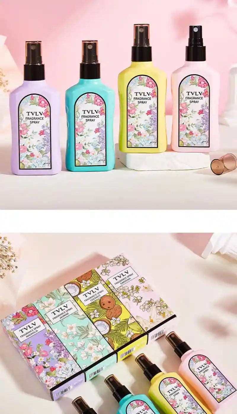 TVLV floral fragrance spray for women: long-lasting jasmine, gardenia, coconut, magnolia scents in colorful bottles.