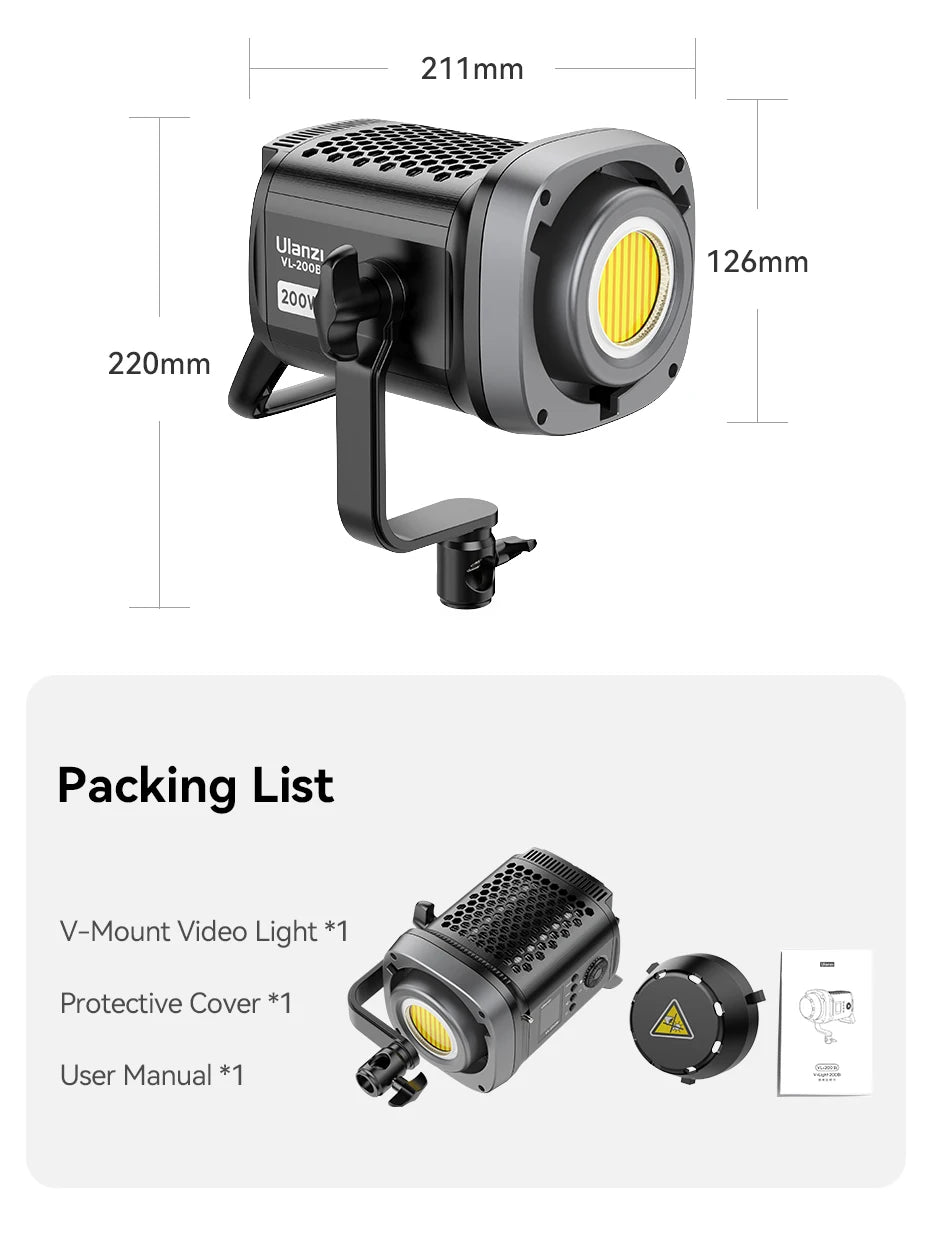 200W COB LED video light with yoke mount and dimensions, shown with included protective cover and user manual.