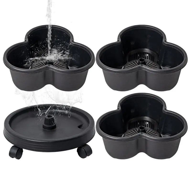 Stackable flower pot planter tower set showing open pots with draining nozzles and channels