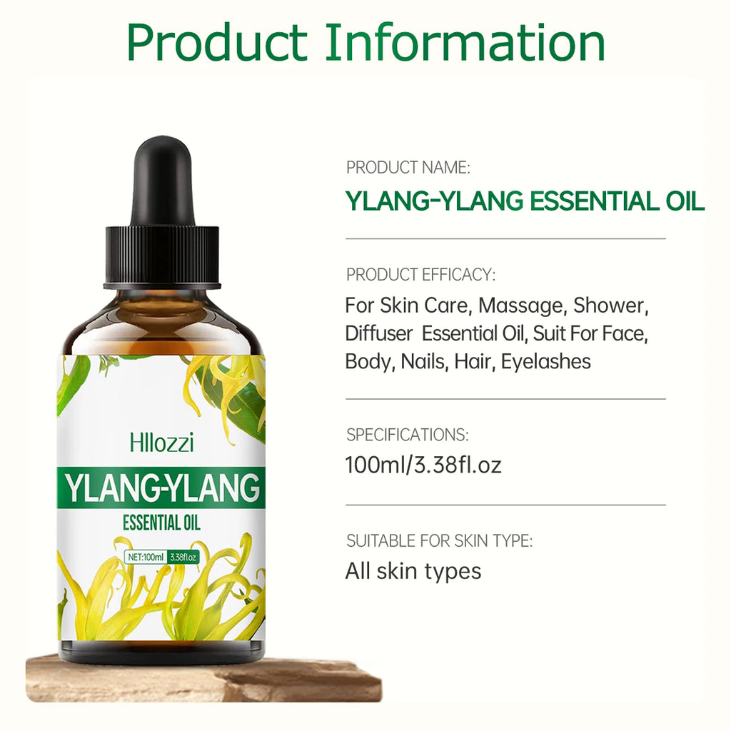 Ylang ylang essential oil is used for skin care, massage, bathing, and is suitable for face, body, nails and hair.