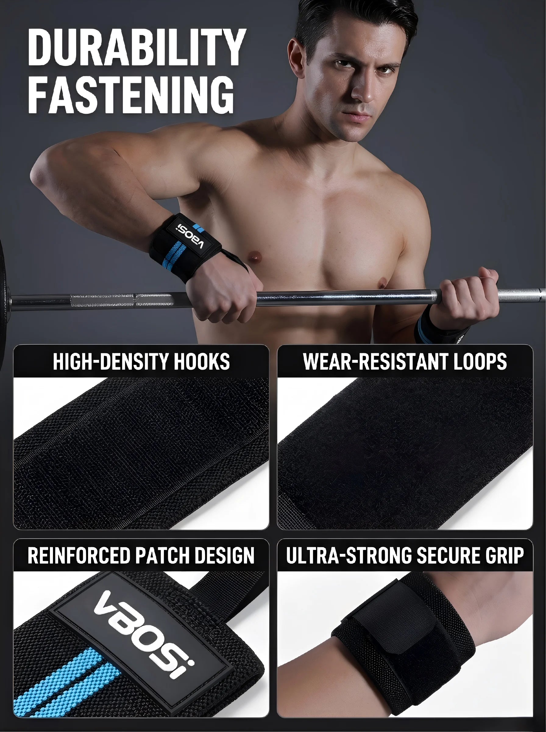 VBOSI Adjustable Wrist Support Brace with Thumb Loop,Heavy Duty Wrist Wraps for Powerlifting, Weight Training&Injury Prevention