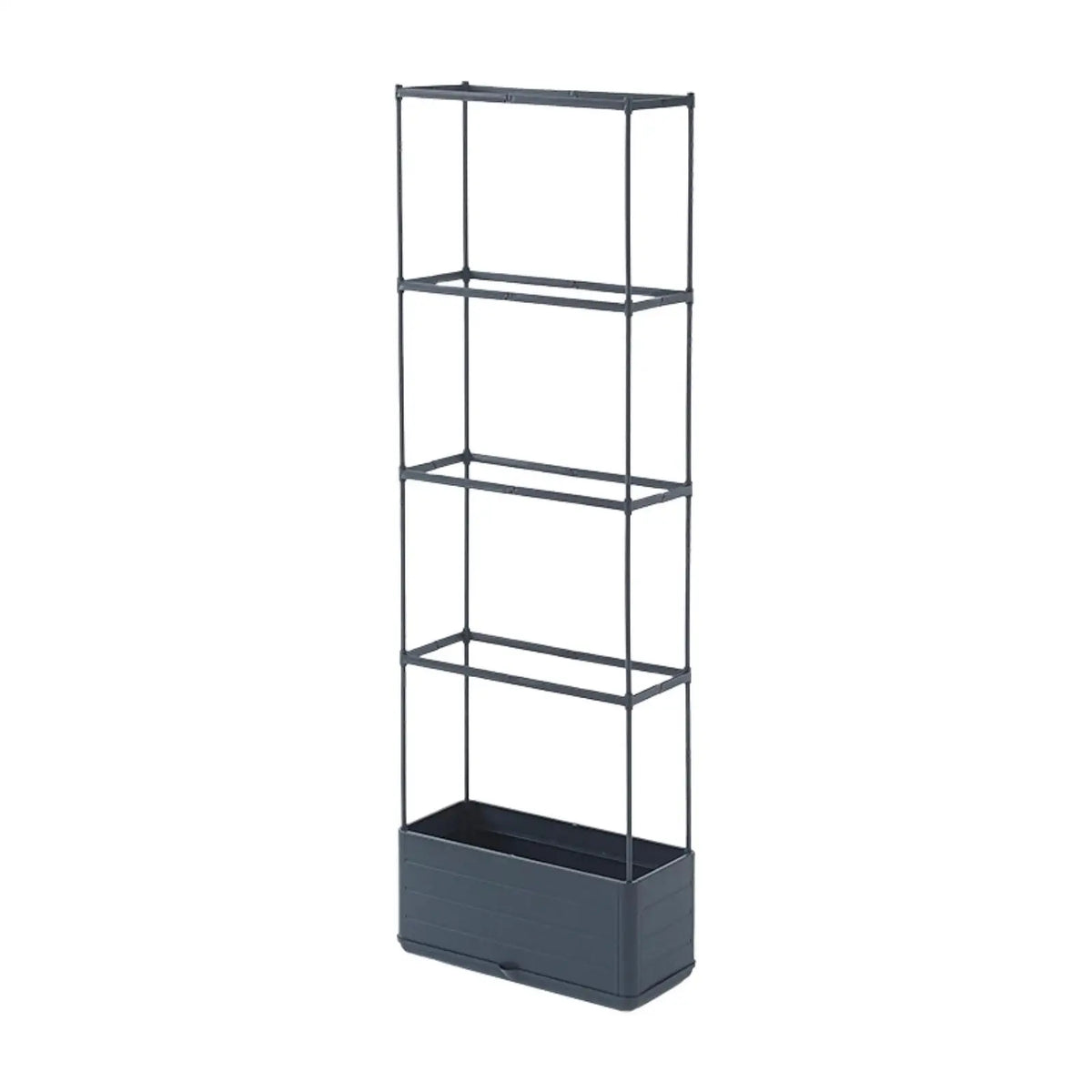Self-watering vertical planter box frame with black trellis and dark gray base planter