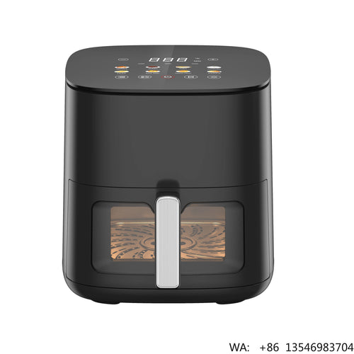 Square black air fryer with front window, vertical handle, and top control panel