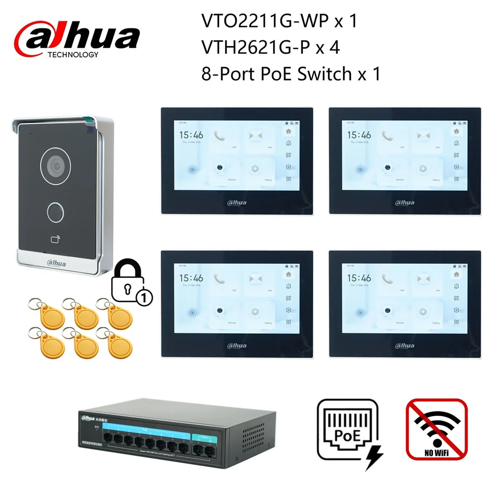 Dahua original IP Video Intercom KIT,VTO2211G-WP & VTH2621G-P & PoE switch,support phone app, RFID Card Unlock