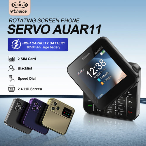 SERVO AUAR11 rotating square cellphone in black, purple, gold. 2.4" screen, dual SIM, keypad, and camera view.