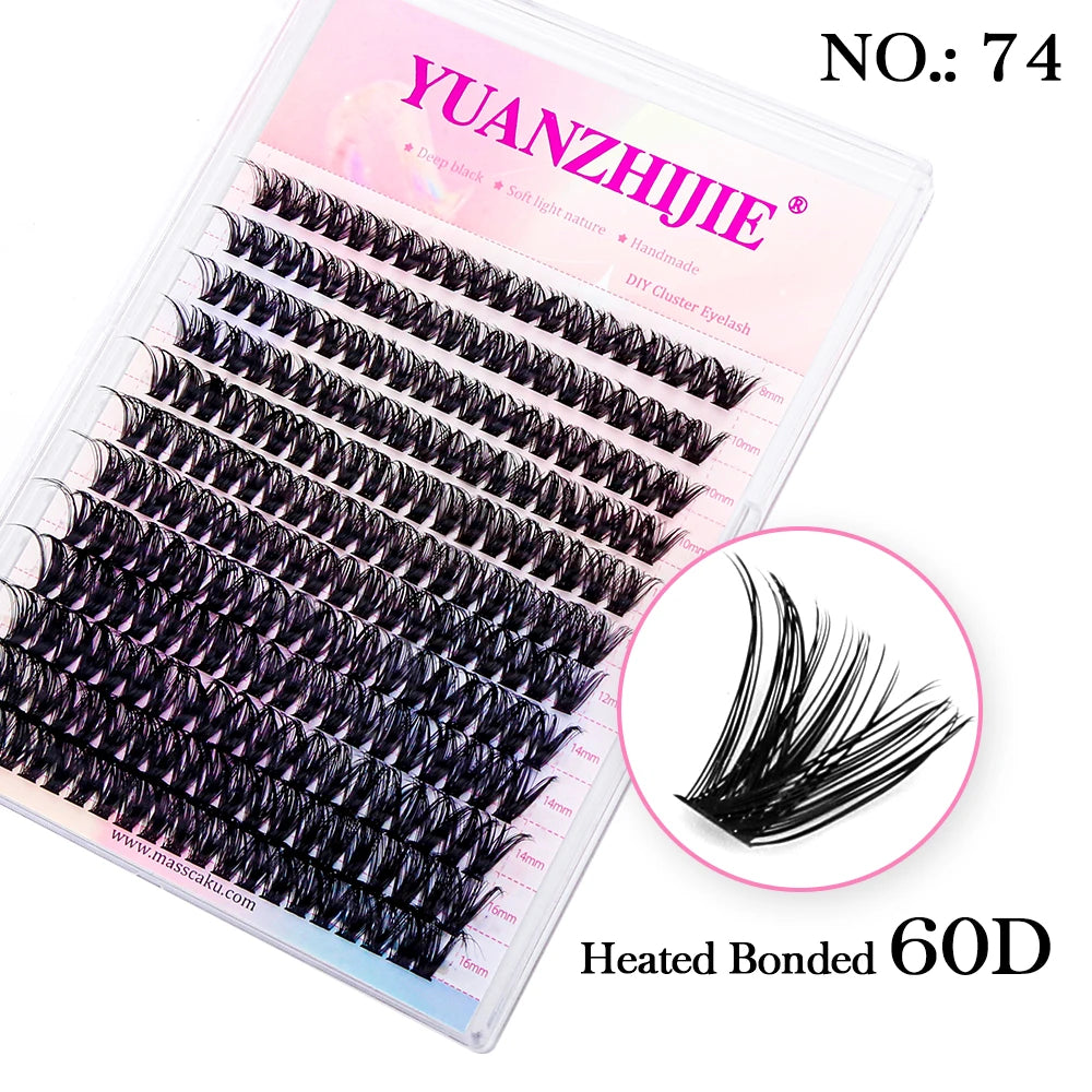 Tray of black 60D segmented mink cluster lashes with a pink labeled case and a circular close-up of a single cluster.