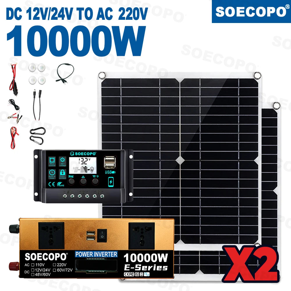 SOECOPO10000W Peak Solar System Kit 2x300W Solar Panels DC 12V 24V - AC 110V/220V Inverter 100A Controller for Home Camping