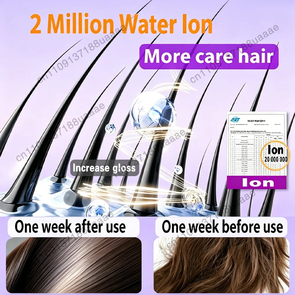 2-in-1 negative ion hair dryer and straightener showing before and after hair gloss results with water ion technology.