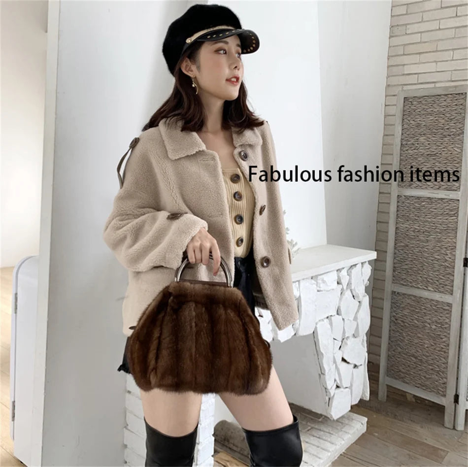 Women's Mink Fur Handbag 2026 New Fashion Designer Fluffy Fur Wrist Bag Large Capacity Soft Shopping Bag Girl Cute Handbag