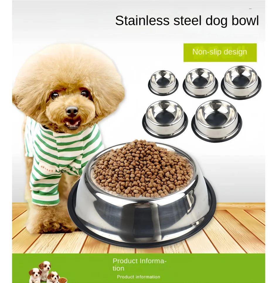 Durable stainless steel dog and cat feeding bowl in 6 sizes with non-slip base for easy, mess-free pet dining.