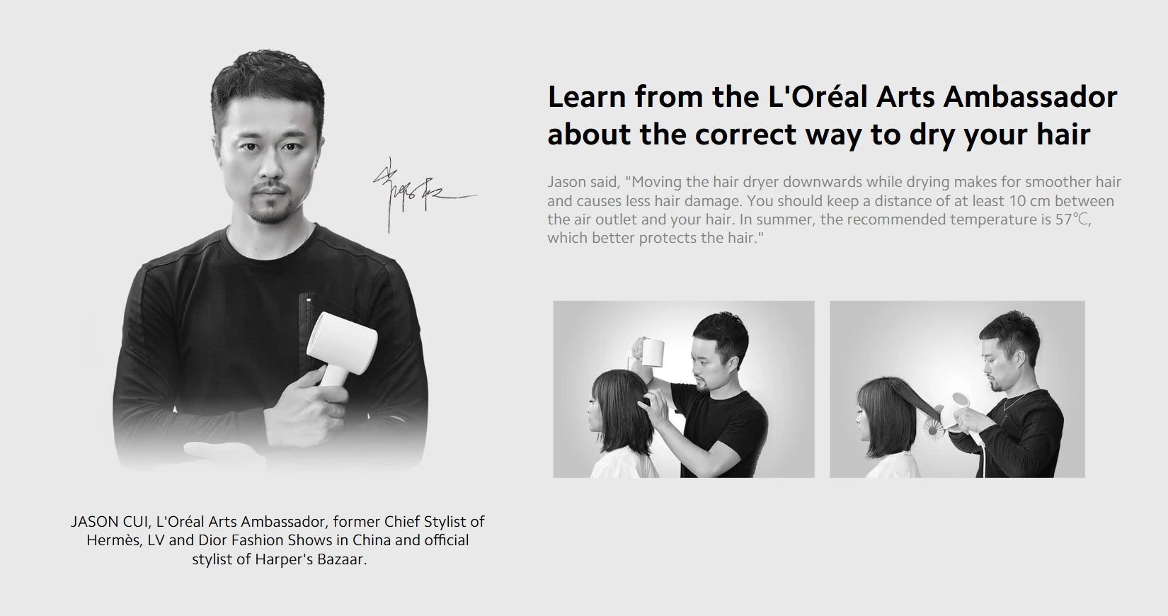 Xiaomi Mijia H300 white ionic hair dryer demonstration by professional stylist for smooth, damage-free hair care.