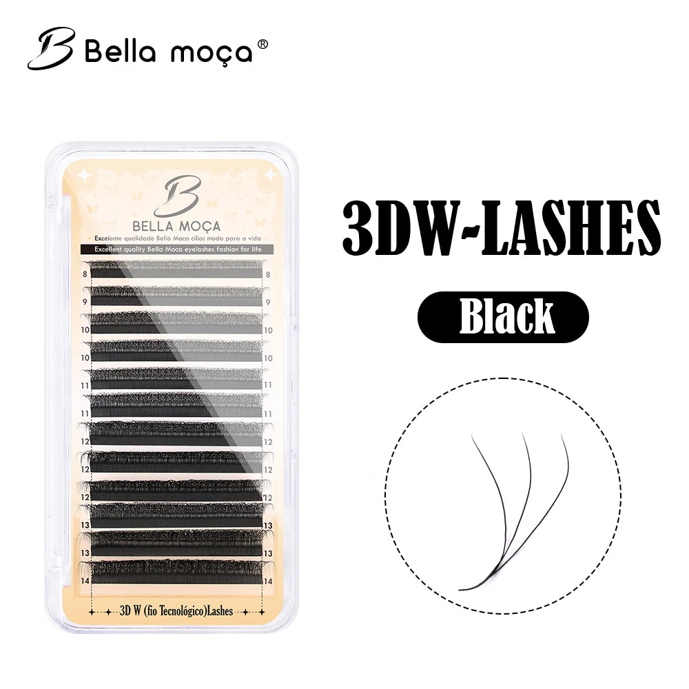 Tray of black 3DW volume lashes, showing various lengths and a close-up diagram of a three-fiber lash fan.