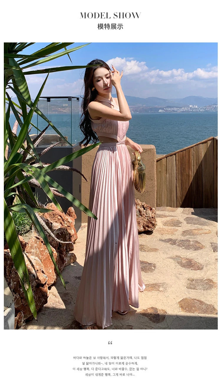 New Sexy Club Birthday Party Pleated Robe Long Dresses Women Summer Halter Neck Sleeveless Off The Shoulder Holiday Beach Dress