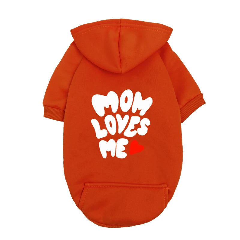 Red "Mom Loves Me" dog hoodie for small dogs. Warm, cozy pet sweater with heart graphic, perfect for puppy gifts.