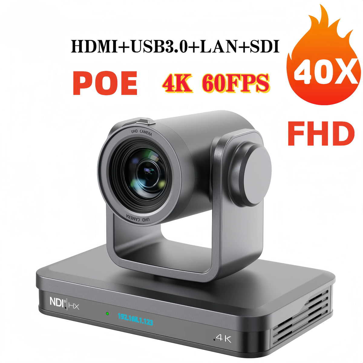 Grey PTZ live streaming camera with motorized lens and compact base for HDMI/SDI use