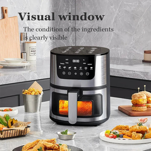 7L stainless steel air fryer with see-through cooking window and open basket of food