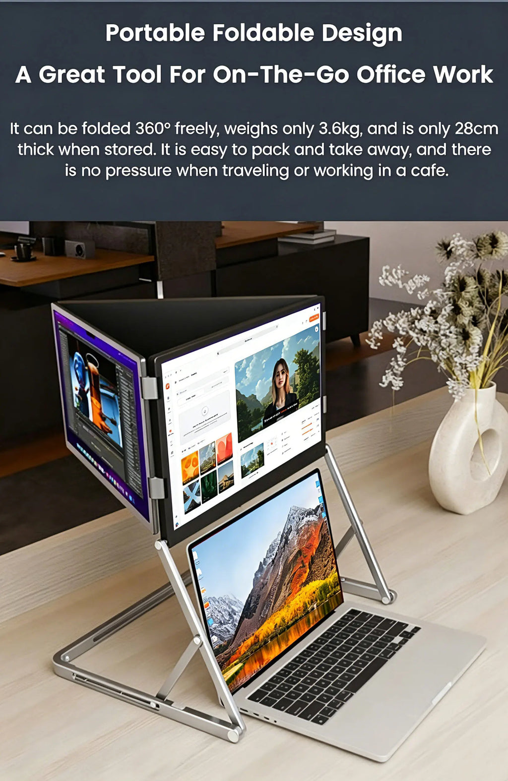 Sibolan 16" 2.5K Three Screen Portable Monitor 60Hz 100% sRGB Metal Body HDMI USB-C Plug Laptop Display Extender For Wins Mac OS