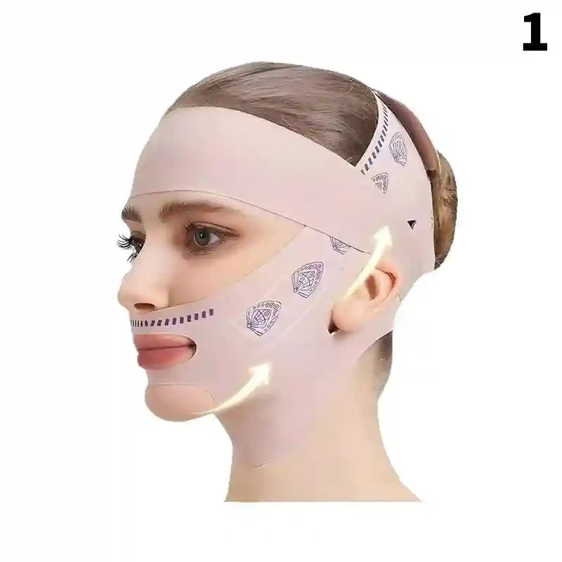 Pink V-line lifting face bandage made of stretch fabric, designed for jawline support and facial slimming.
