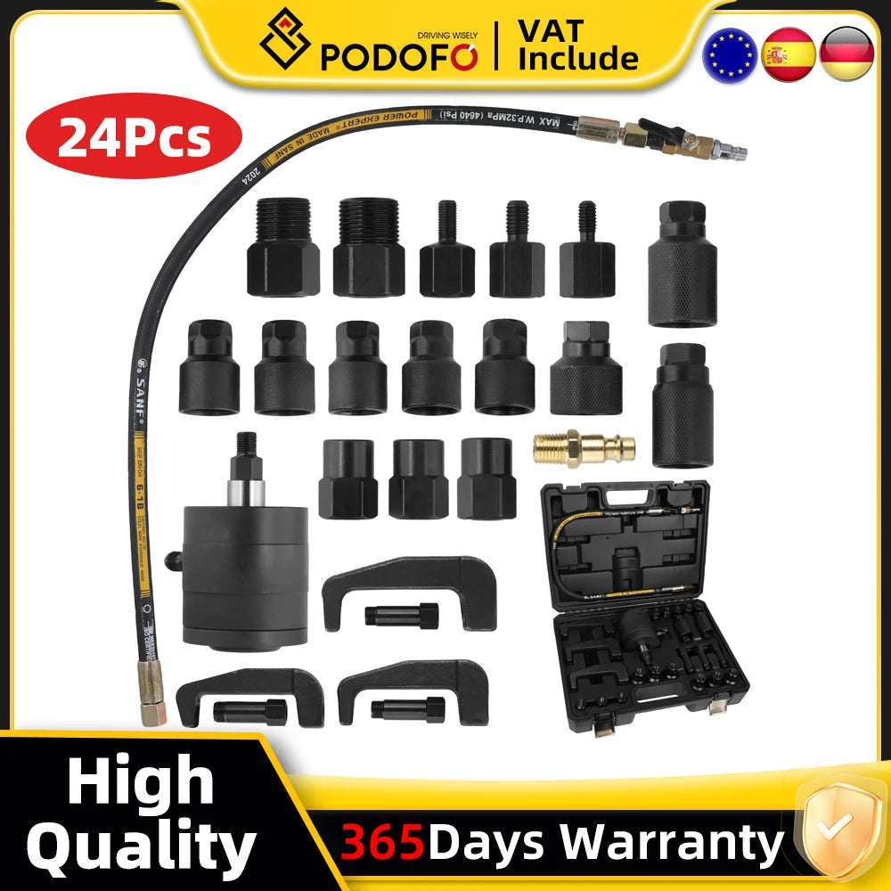Podofo 24PCS Pneumatic Diesel Injector Puller Tool Kit Air Powered Injector Extractor Removal Tool Set with 19 Adapters Hooks for Common Rail Fuel Injectors Diesel Engine Repair Garage Auto Tools