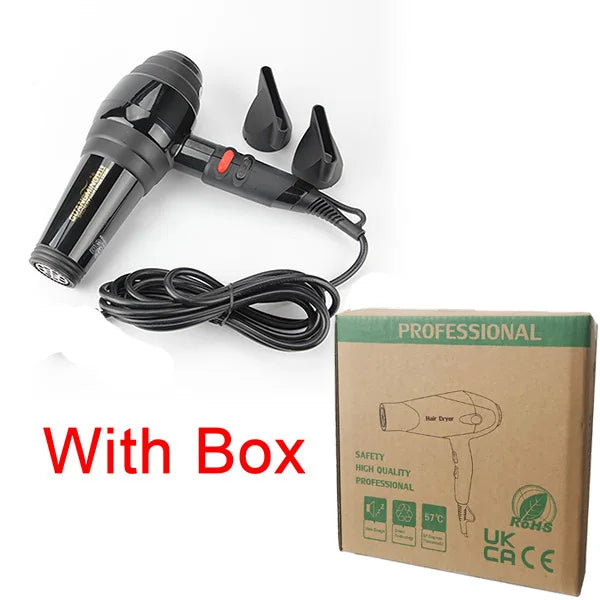 Black 2300W professional salon hair dryer with two styling nozzles and product box for fast, powerful blow drying.