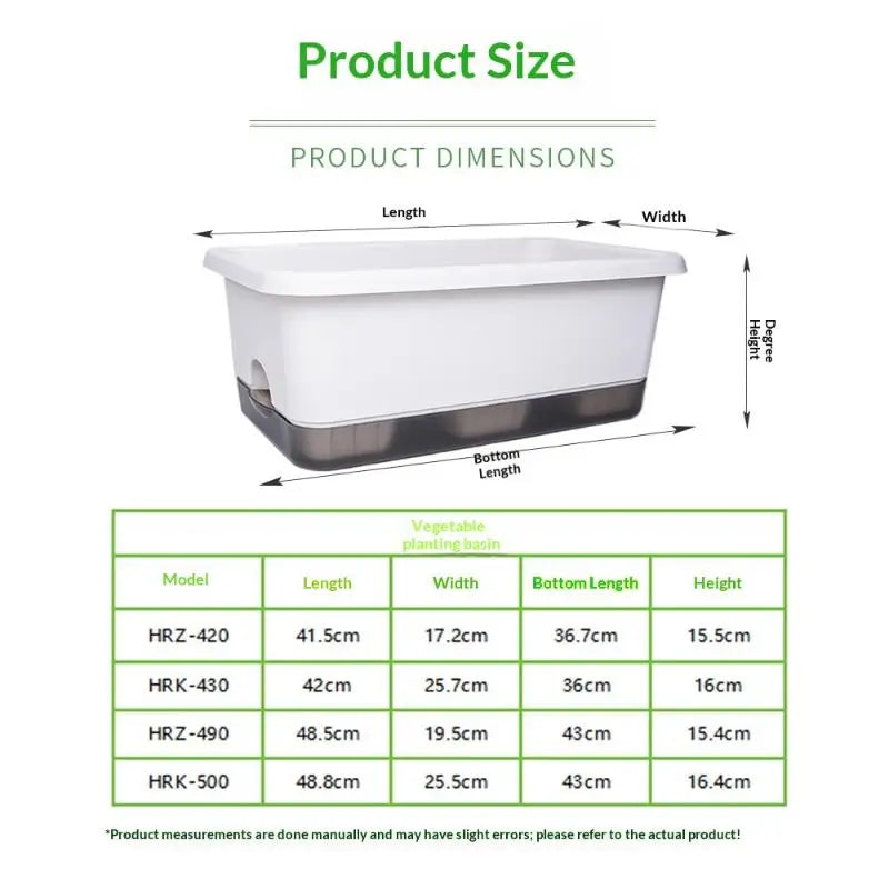 White rectangular self-watering planter box with built-in drainage tray, plastic design.