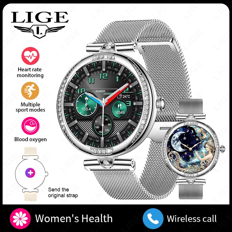 LIGE New Women Watch 1.19" 390*390 AMOLED Display Heart Rate Blood Oxygen Monitoring Bluetooth Call Fashion Diamond Smartwatch