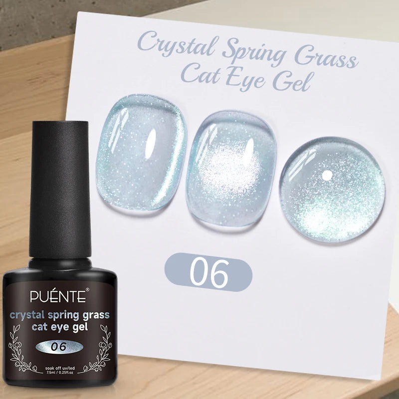 Crystal Spring Grass cat eye gel polish in shade 06: a shimmering, translucent pale blue soak-off nail color.