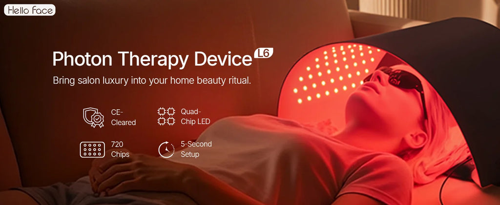 Person using a curved red light therapy panel device over their face while relaxing on a sofa.