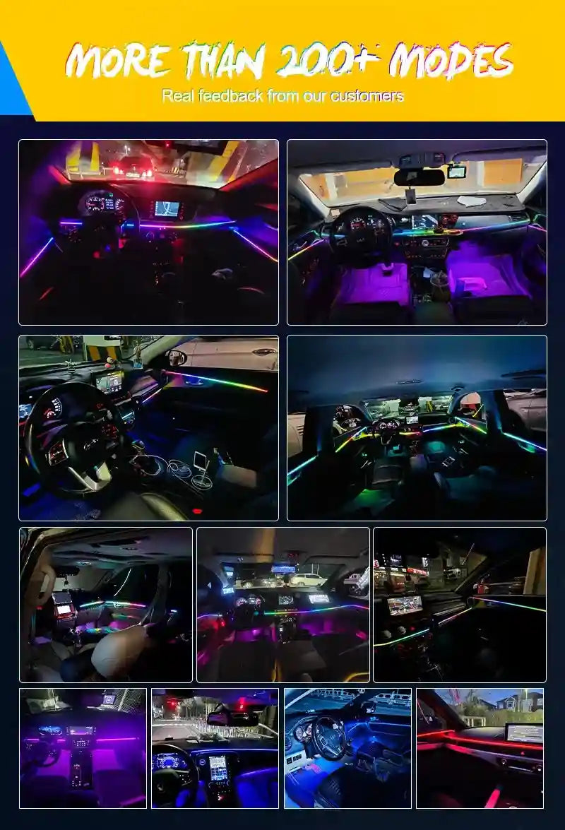 Multicolored LED car interior ambient lighting strips installed along dashboards and doors, showing various color modes.