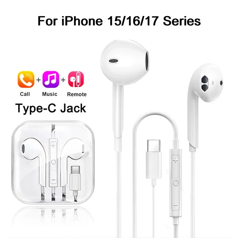 Original Earbuds For iPhone 17 Air 16 15 Pro Max Headphones Type C Wired Earphones For Apple iPhone 14 13 12 11 Pro Max Headset TypeC Jack Tidesmit